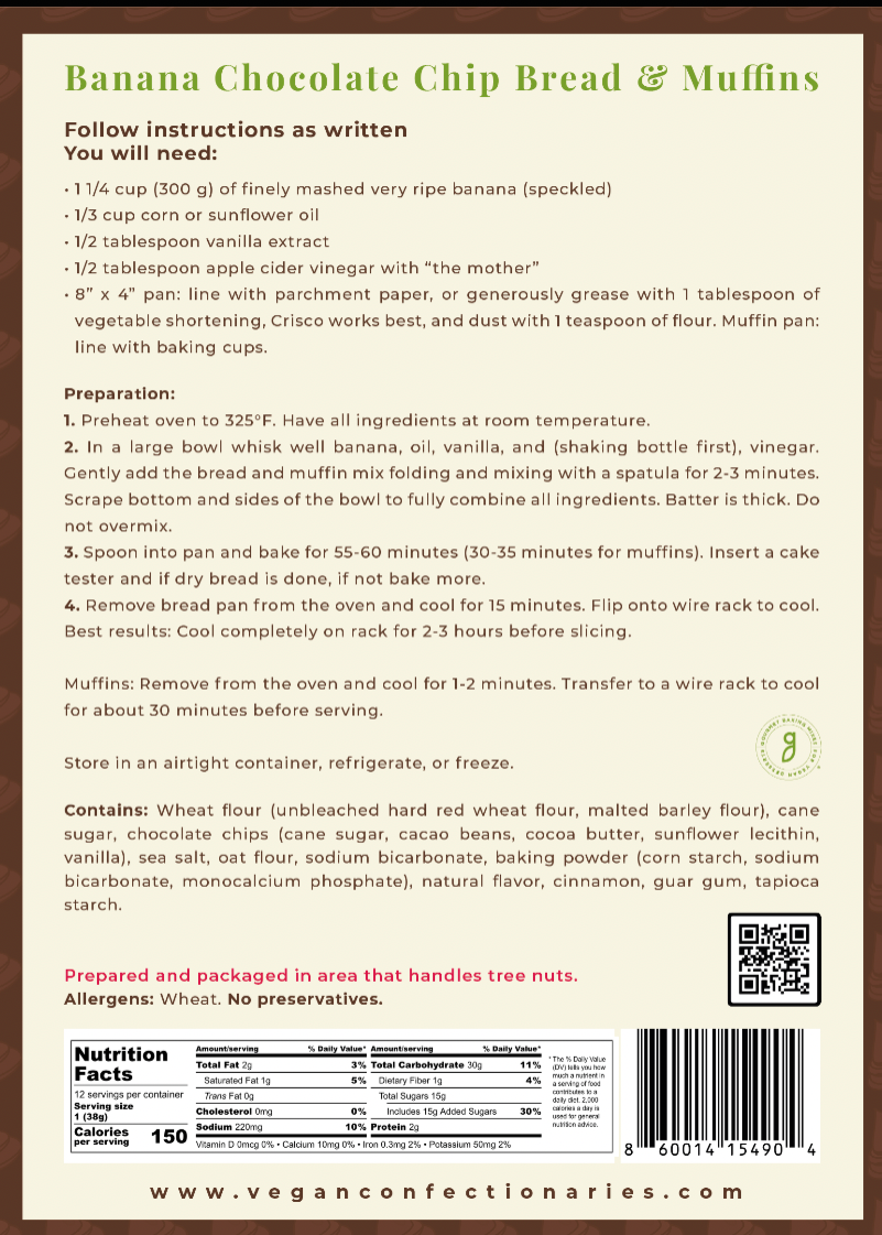 Banana Chocolate Chip Bread Mix - Vegan Antioxidant Rich Baking